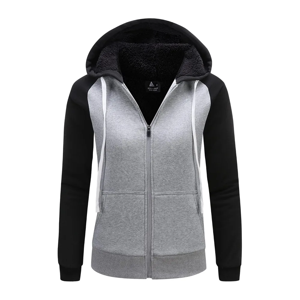 Veste polaire à capuche chaude avec doublure en peluche — Noir + Gris Clair