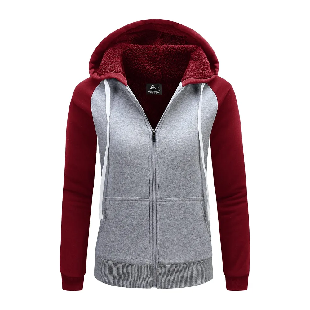 Veste polaire à capuche chaude avec doublure en peluche — Bordeaux + Gris Clair