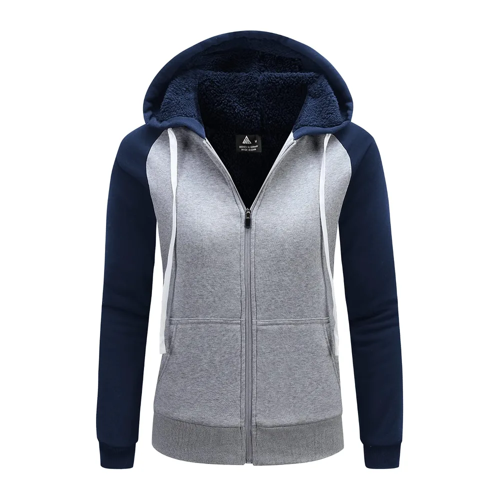 Veste polaire à capuche chaude avec doublure en peluche — Bleu Marine + Gris Clair