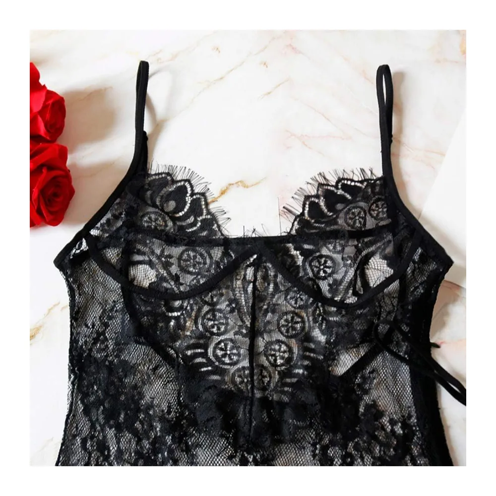Sexy Lingerie Set Chic Satin Fishnet Voile Floral V Neck Backless Thong — Le Noir