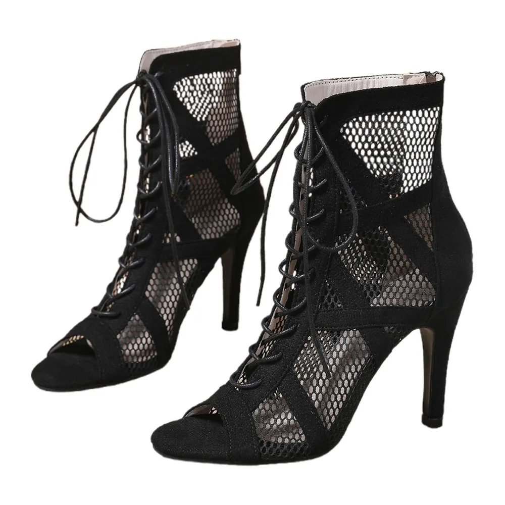 Bottines à Talon Aiguille en Résille Hexagonale Lacages Croisés Frontaux — Le Noir