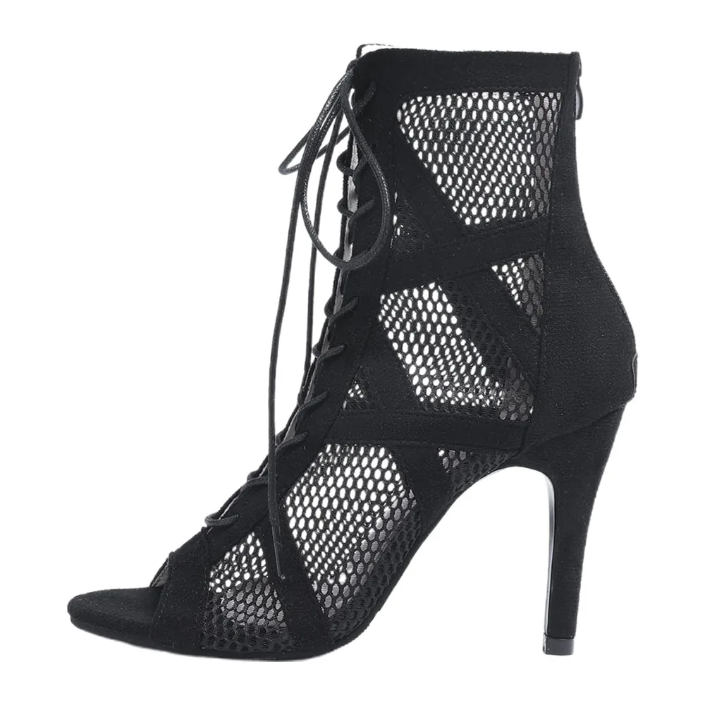 Bottines à Talon Aiguille en Résille Hexagonale Lacages Croisés Frontaux — Le Noir