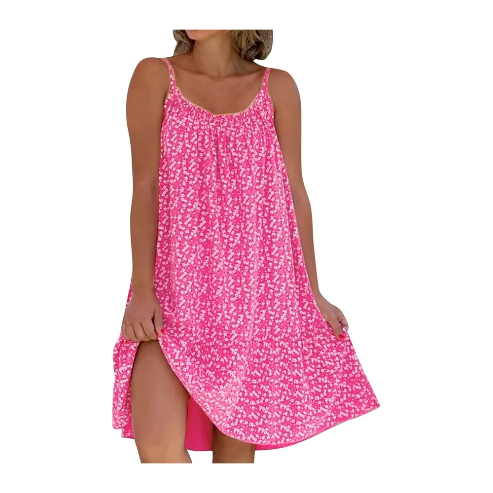 Robe Longue Bohème Fluide Maxi Décontractée Été Casual Plage Chic Élégante — Rose Vif
