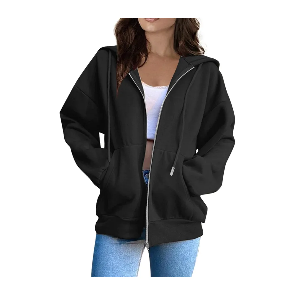 Sweat à Capuche Veste Zippée Pull Manches Couleur Unie Longues Vêtement Sport — A-le Noir