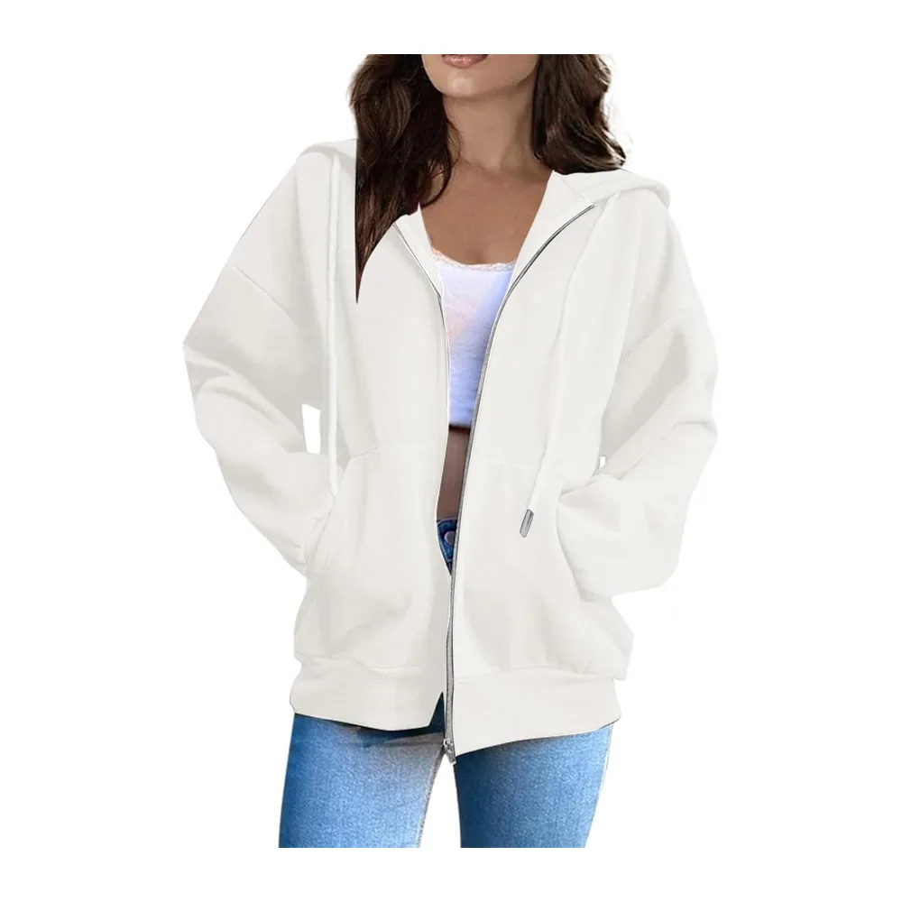 Sweat à Capuche Veste Zippée Pull Manches Couleur Unie Longues Vêtement Sport — A-blanc