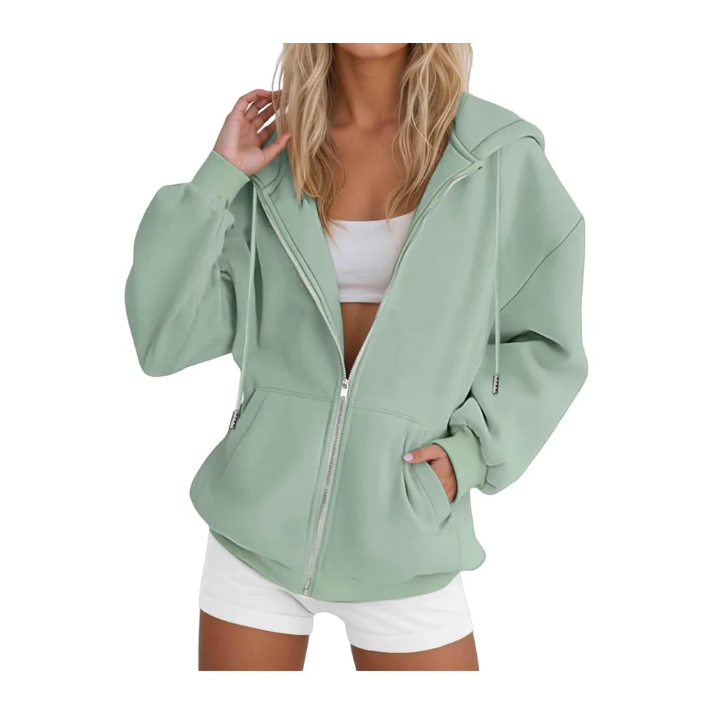 Sweat à Capuche Veste Zippée Pull Manches Couleur Unie Longues Vêtement — B-light Vert