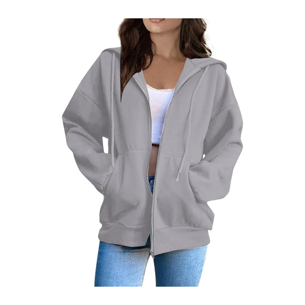 Sweat à Capuche Veste Zippée Pull Manches Couleur Unie Longues Vêtement Sport — A-gy1