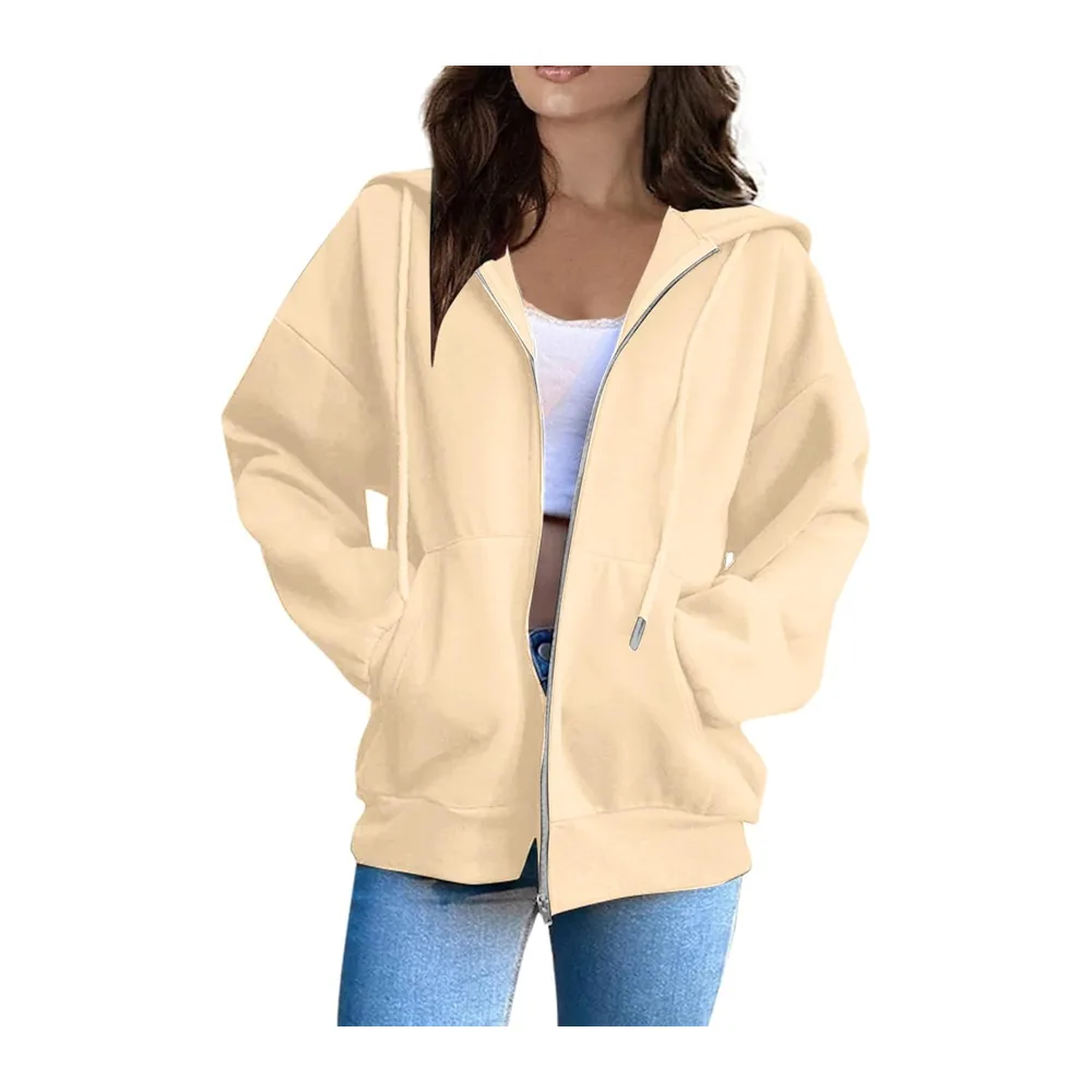 Sweat à Capuche Veste Zippée Pull Manches Couleur Unie Longues Vêtement Sport — A-beige