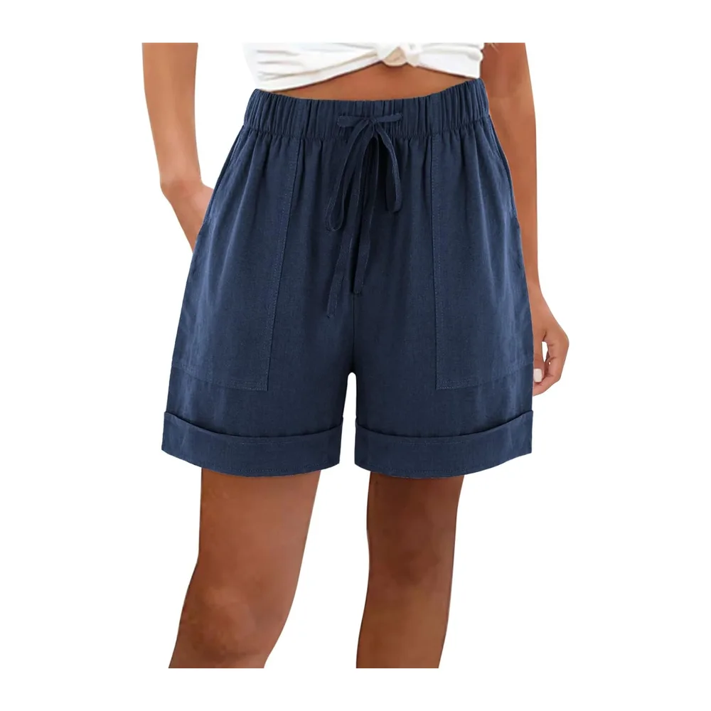 Short Sport Lin Ample Chic Bermuda Ete Grande Taille Taille Haute Leger avec — Marine