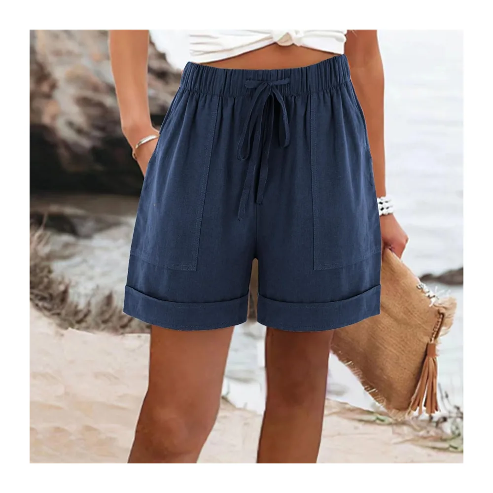 Short Sport Lin Ample Chic Bermuda Ete Grande Taille Taille Haute Leger avec — Marine