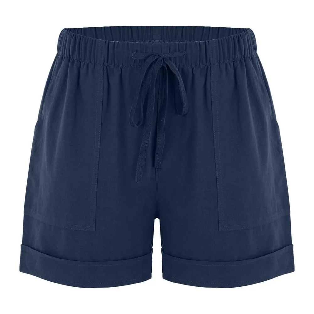 Short Sport Lin Ample Chic Bermuda Ete Grande Taille Taille Haute Leger avec — Marine