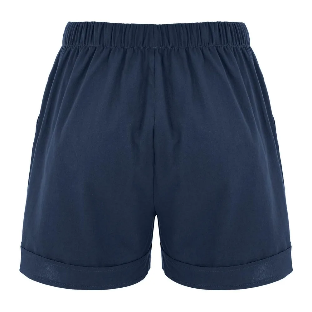 Short Sport Lin Ample Chic Bermuda Ete Grande Taille Taille Haute Leger avec — Marine