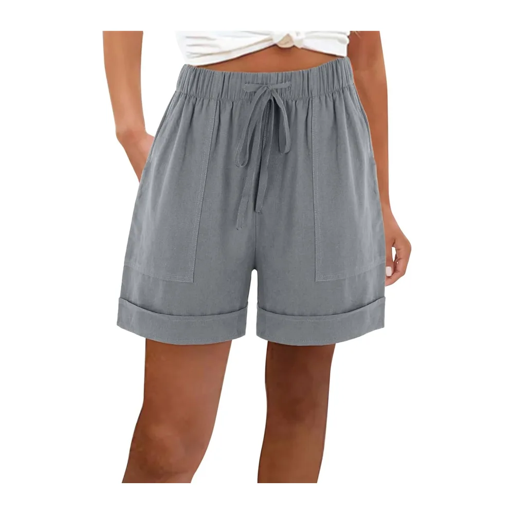 Short Sport Lin Ample Chic Bermuda Ete Grande Taille Taille Haute Leger avec Poches — Gris