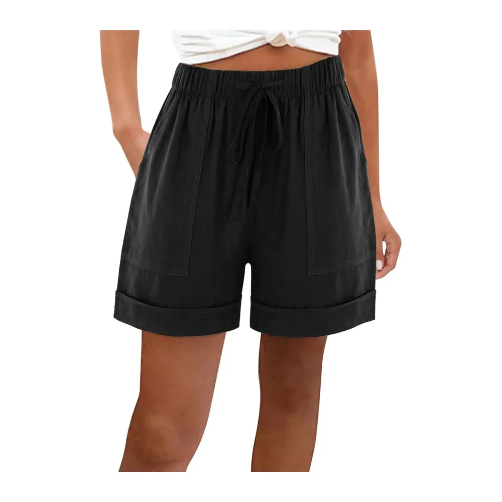 Short Sport Lin Ample Chic Bermuda Ete Grande Taille Taille Haute Leger avec Poches — Noir