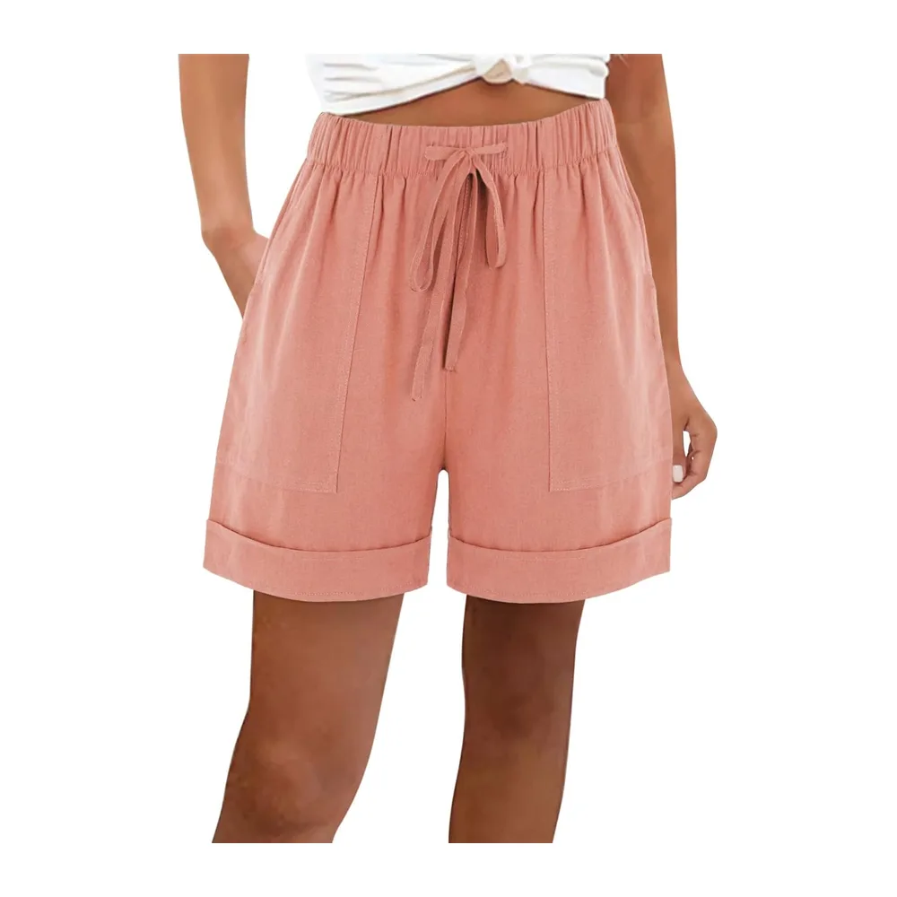 Short Sport Lin Ample Chic Bermuda Ete Grande Taille Taille Haute Leger avec Poches — Rose