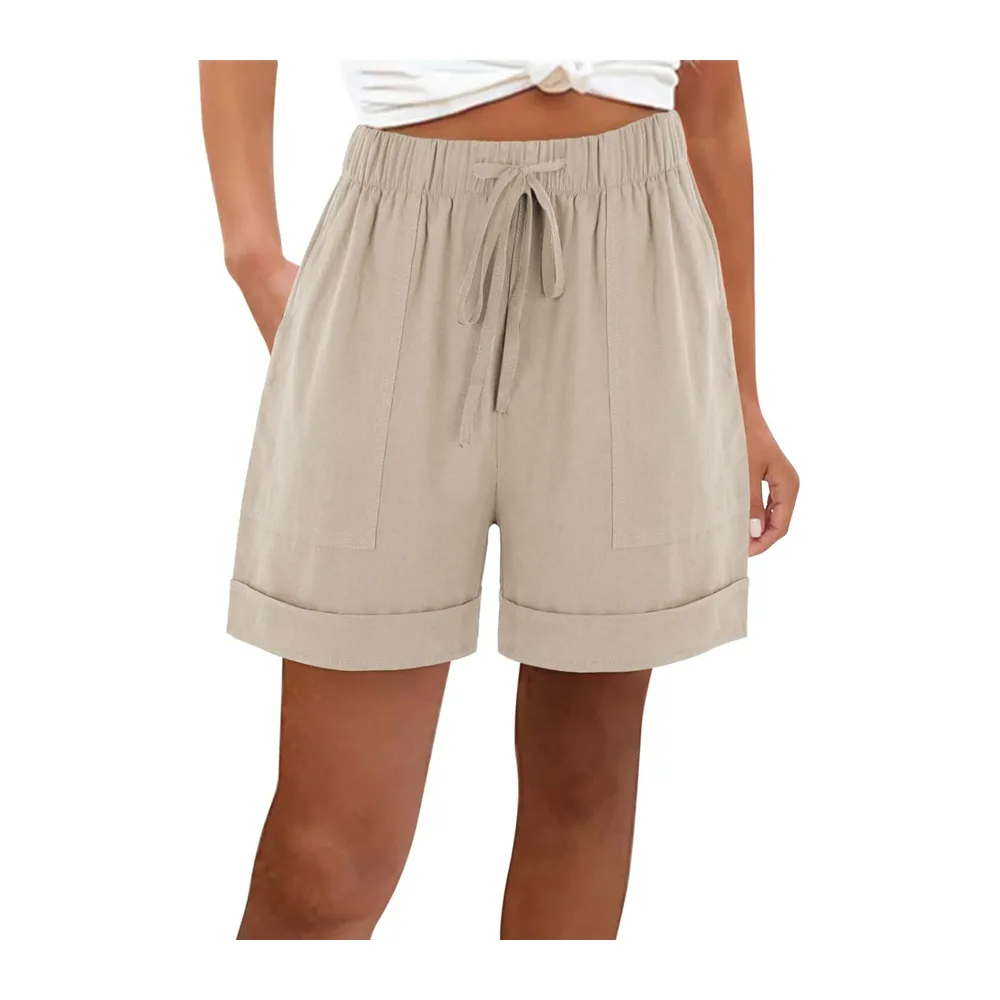 Short Sport Lin Ample Chic Bermuda Ete Grande Taille Taille Haute Leger avec — Beige