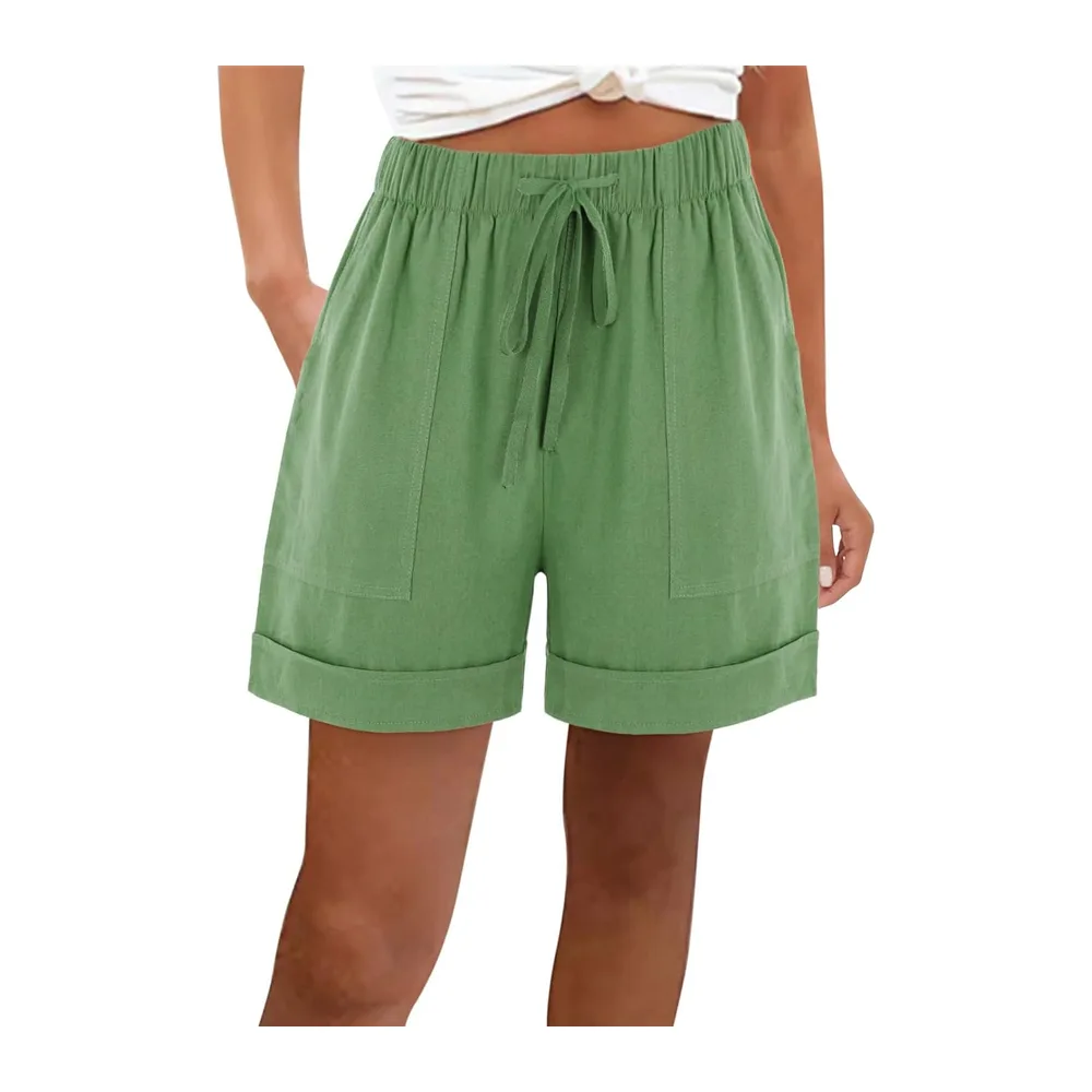 Short Sport Lin Ample Chic Bermuda Ete Grande Taille Taille Haute Leger avec Poches — Vert