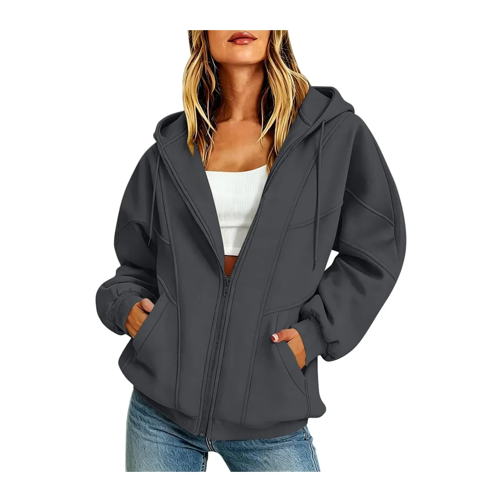 Sweatshirt with Hood and Pocket, Long-Sleeved Zip-Up Jacket, Sports — A1-gris Foncé