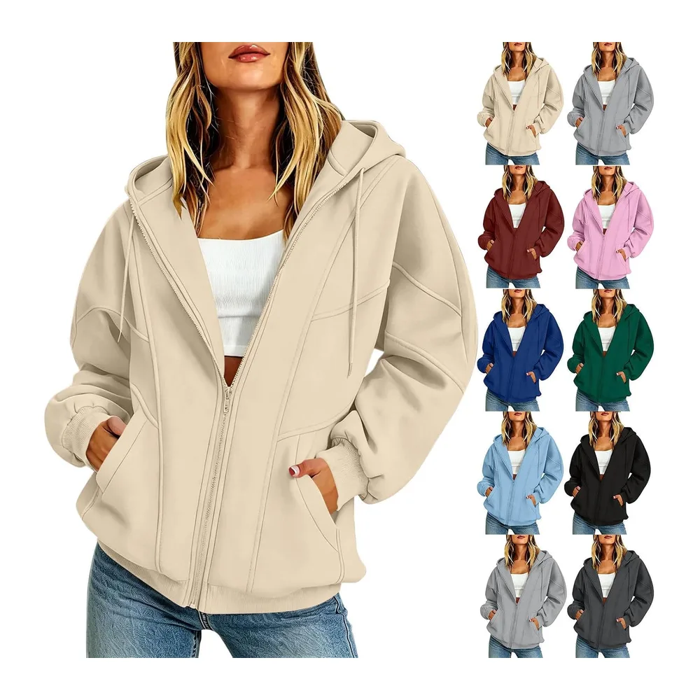 Sweatshirt with Hood and Pocket, Long-Sleeved Zip-Up Jacket, Sports Jacket — A1-beige