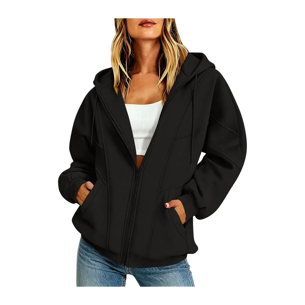 Sweatshirt with Hood and Pocket, Long-Sleeved Zip-Up Jacket, Sports Jacket — A1-le Noir
