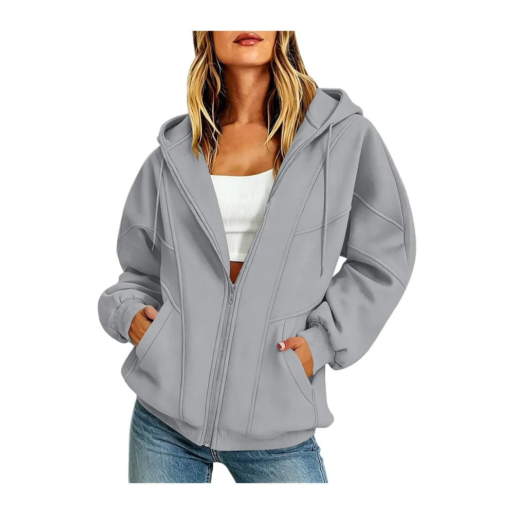 Sweatshirt with Hood and Pocket, Long-Sleeved Zip-Up Jacket, Sports Jacket — A1-gris