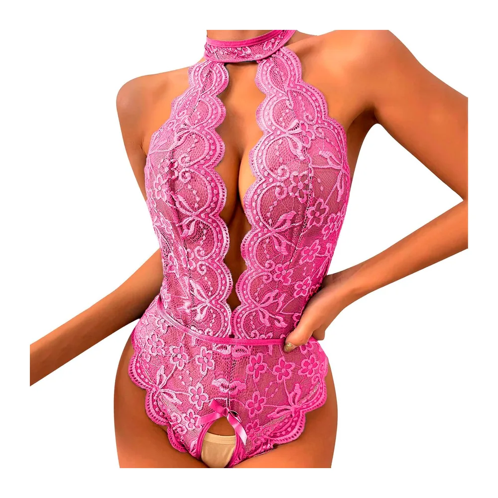 Ensemble Lingerie Sexy Nuisette Déshabillé String et Soutien-Gorge Chemise de — Rose Vif