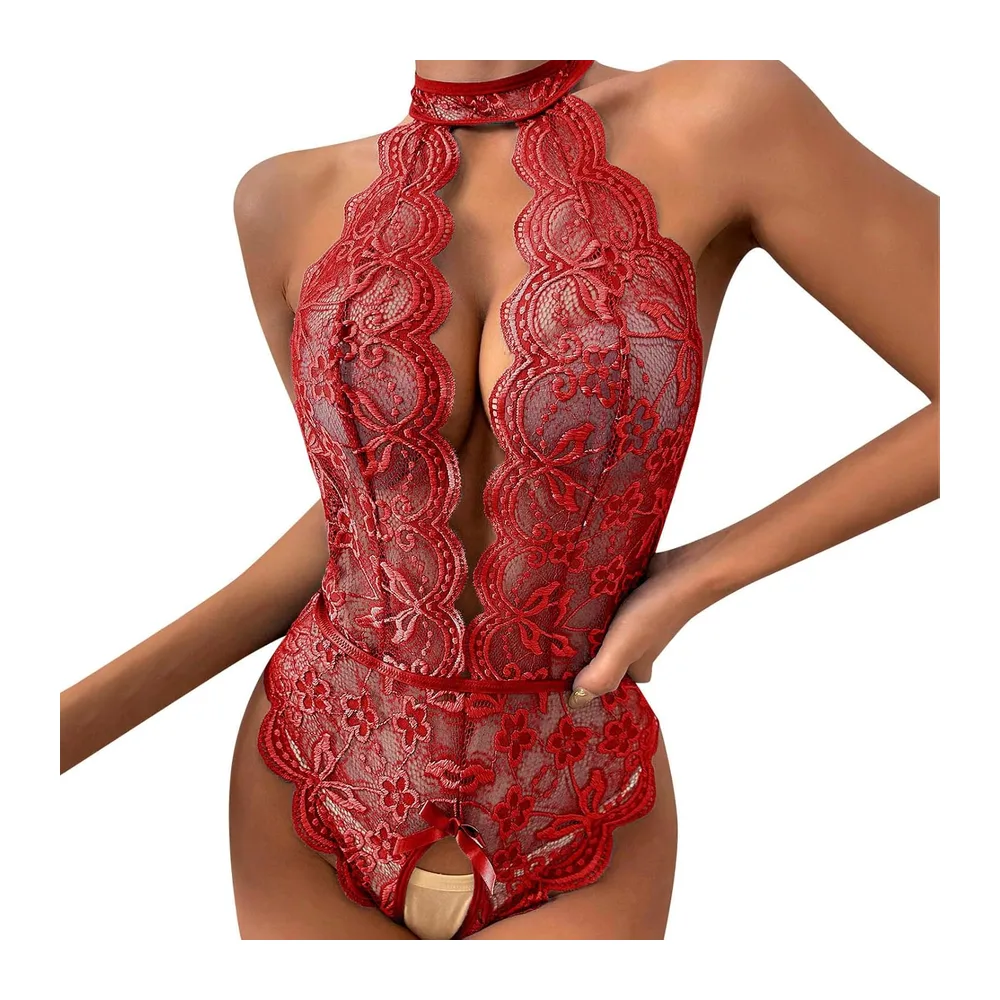 Ensemble Lingerie Sexy Nuisette Déshabillé String et Soutien-Gorge Chemise de Nuit — Rouge