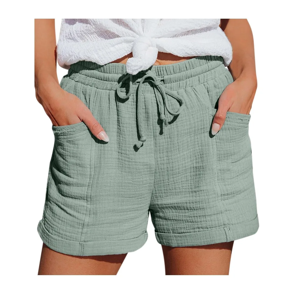 Short de Sport Été Ample Leger avec Poches Short Plage Fluide en Lin Ceinture — 01vert