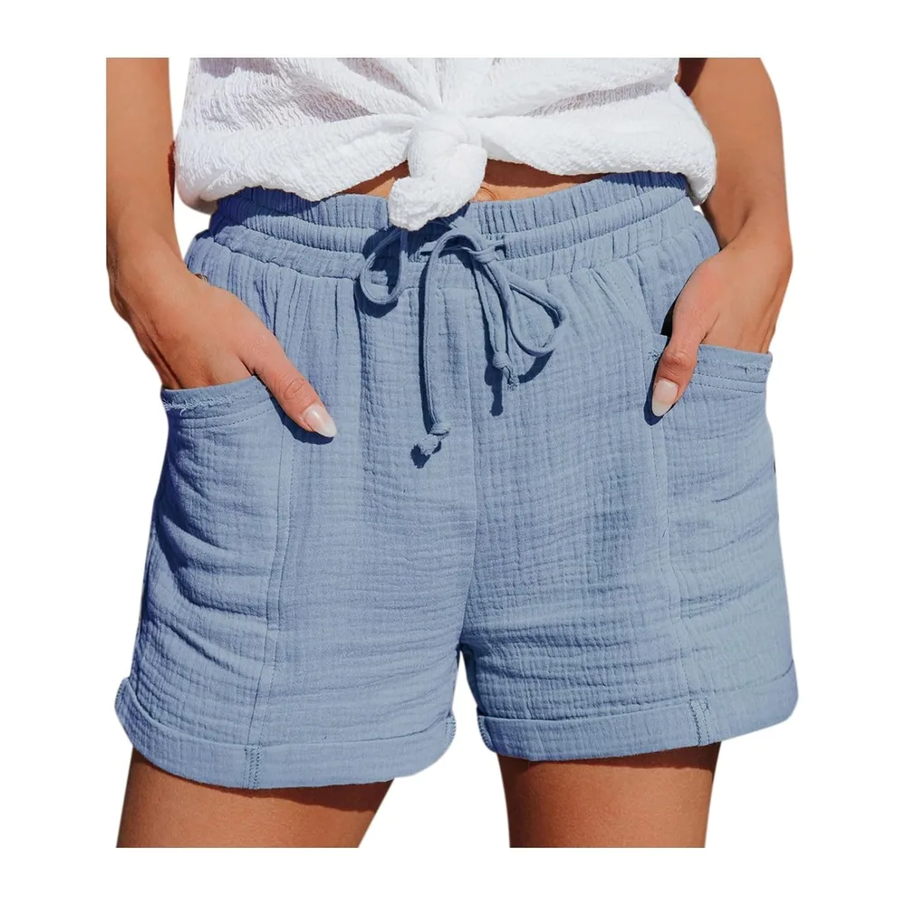 Summer Sports Shorts Loose Lightweight with Pockets Fluid Beach Shorts Linen — Bleu