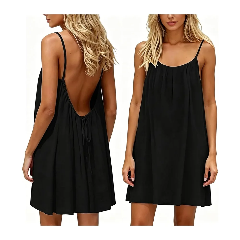 Robe d'été Courte Mini Dos Nu, Robe Caraco à sans Manches — Noir