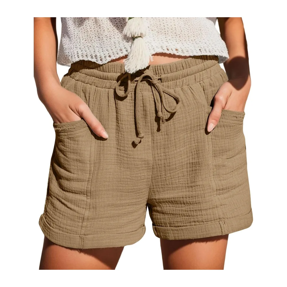 Summer Sports Shorts Loose Lightweight with Pockets Fluid Beach Shorts Linen — Kaki