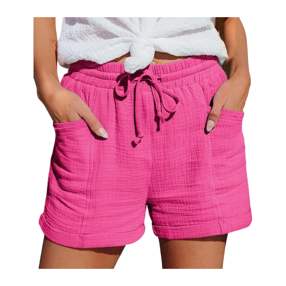 Short de Sport Été Ample Leger avec Poches Short Plage Fluide en Lin Ceinture — Rose Vif