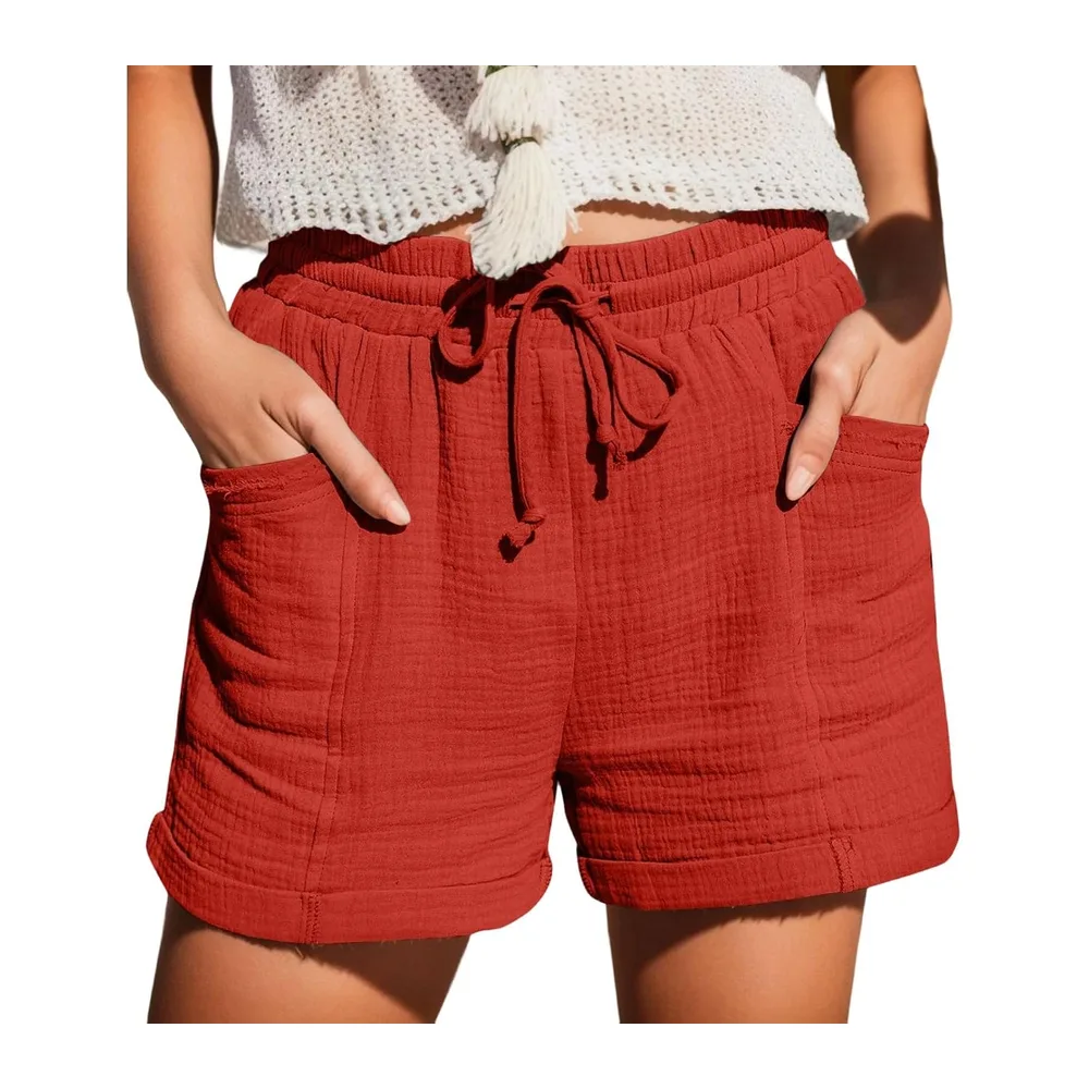Short de Sport Été Ample Leger avec Poches Short Plage Fluide en Lin Ceinture — Rouge
