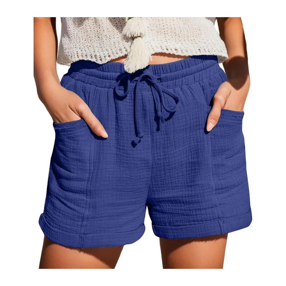 Summer Sports Shorts Loose Lightweight with Pockets Fluid Beach Shorts Linen — Bleu-2