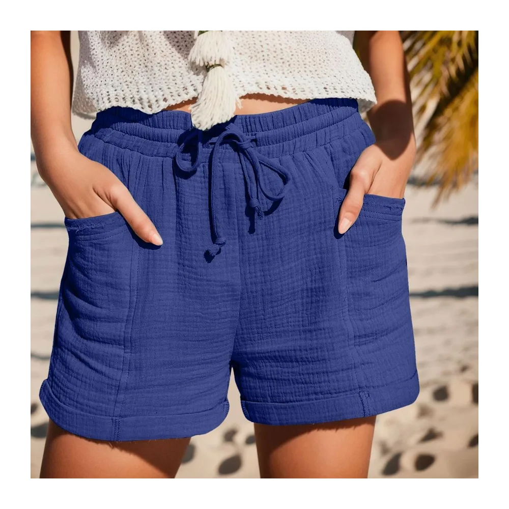 Summer Sports Shorts Loose Lightweight with Pockets Fluid Beach Shorts Linen — Bleu-2