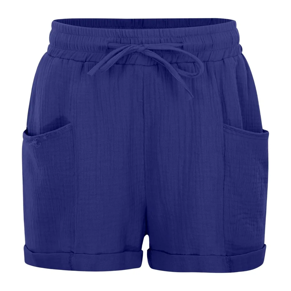 Summer Sports Shorts Loose Lightweight with Pockets Fluid Beach Shorts Linen — Bleu-2