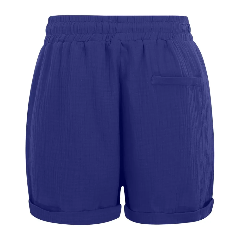 Summer Sports Shorts Loose Lightweight with Pockets Fluid Beach Shorts Linen — Bleu-2