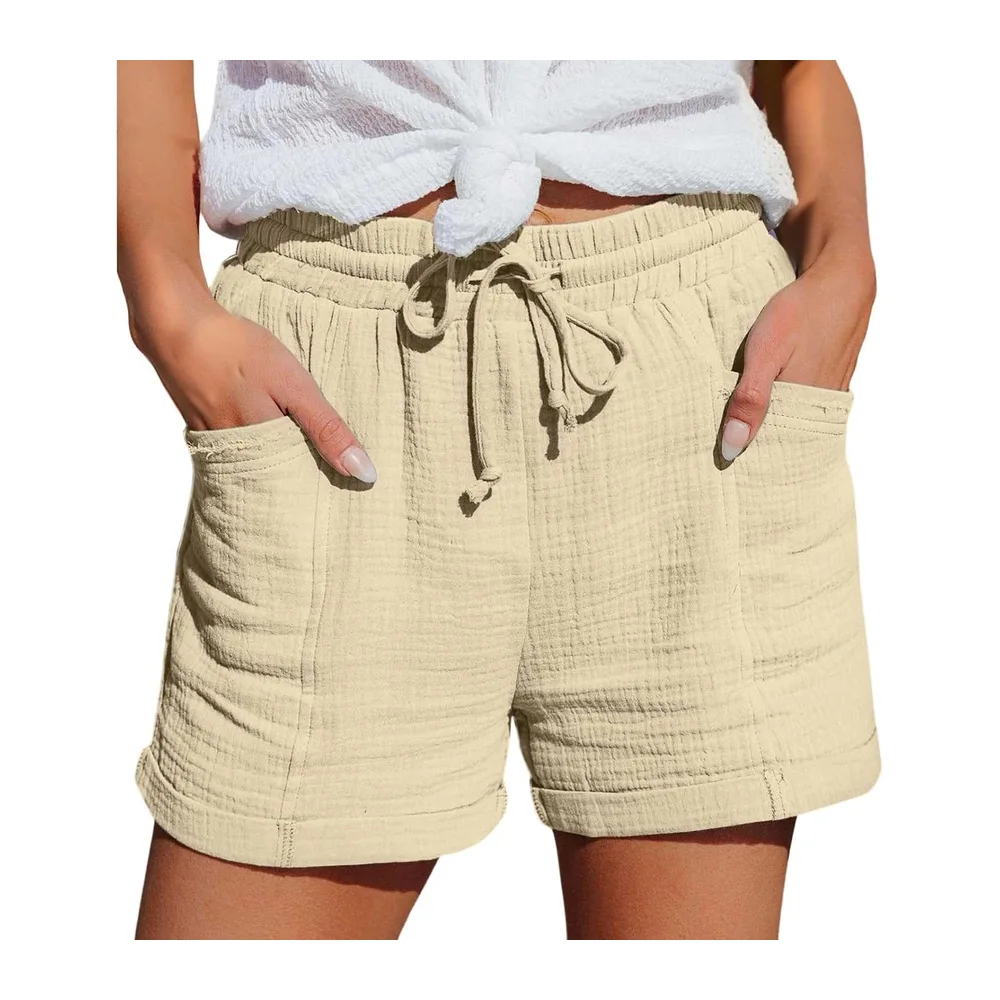 Summer Sports Shorts Loose Lightweight with Pockets Fluid Beach Shorts Linen — Beige