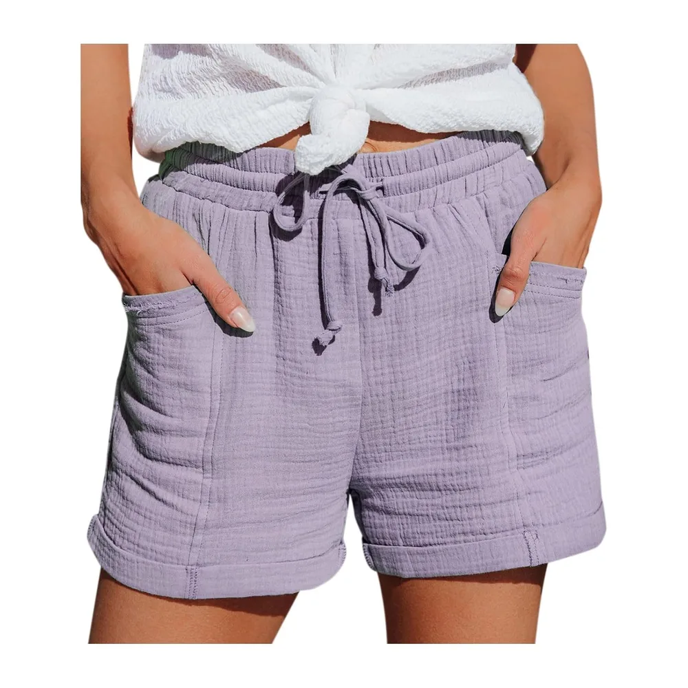 Short de Sport Été Ample Leger avec Poches Short Plage Fluide en Lin Ceinture — Violet
