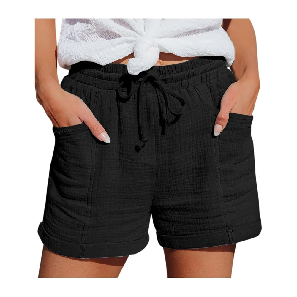 Summer Sports Shorts Loose Lightweight with Pockets Fluid Beach Shorts Linen — 02le Noir