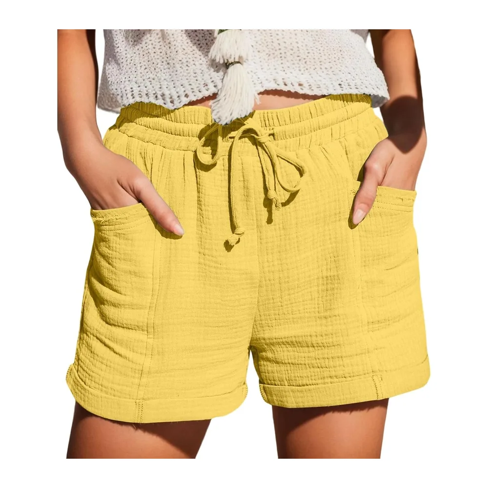 Summer Sports Shorts Loose Lightweight with Pockets Fluid Beach Shorts Linen — Jaune