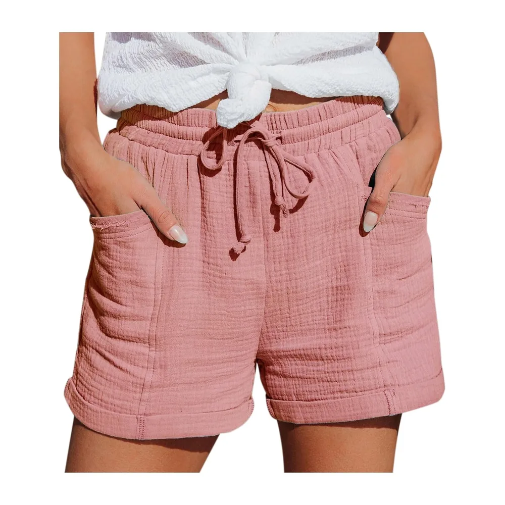 Short de Sport Été Ample Leger avec Poches Short Plage Fluide en Lin Ceinture — Rose