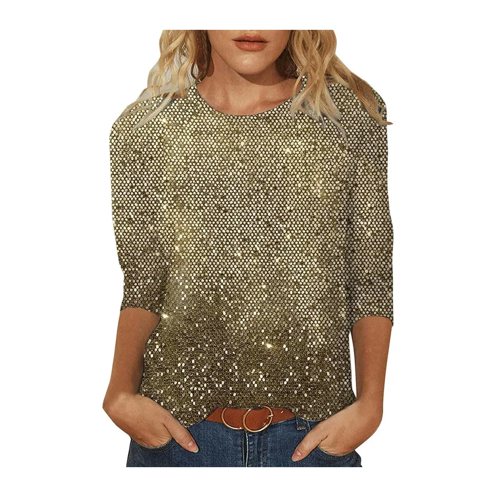 T-Shirt Coton Manches Longues Courtes Haut Casual Col Rond Basique Été Printemps — Or