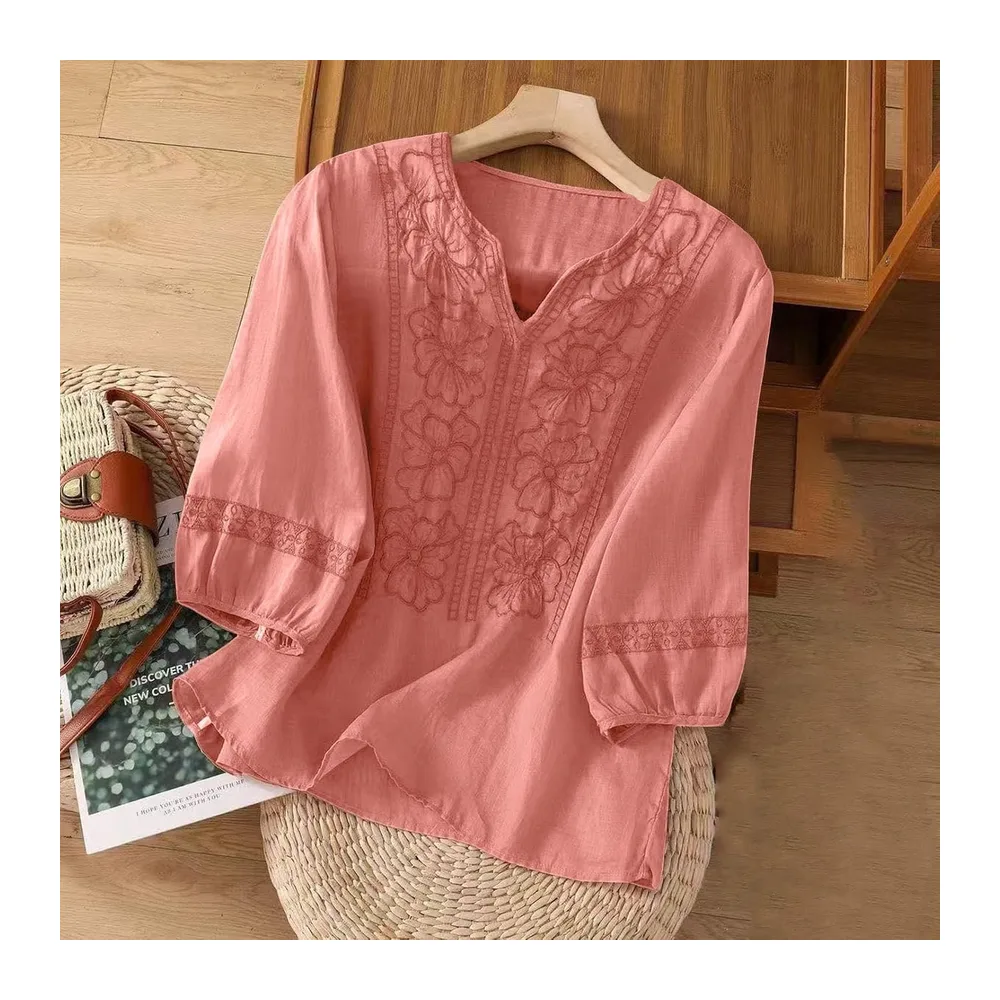 Cotton T-Shirt Long Sleeve Short Top Round Neck Autumn Basic Casual Summer Spring — Rouge