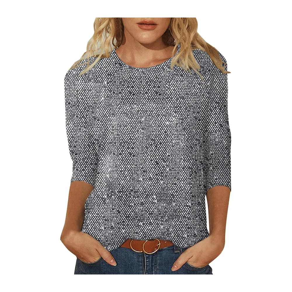 T-Shirt Coton Manches Longues Courtes Haut Casual Col Rond Basique Été Printemps — Argent