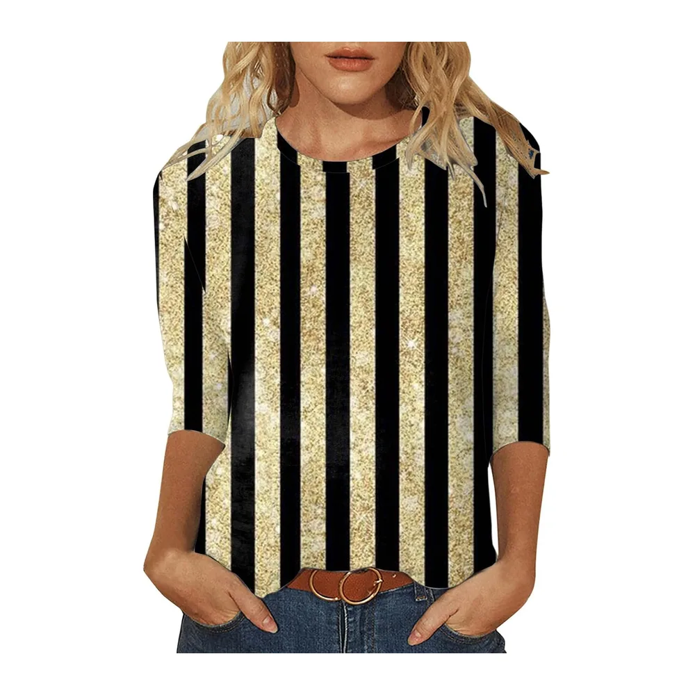 T-Shirt Coton Manches Longues Courtes Haut Casual Col Rond Basique Été — Or Rose