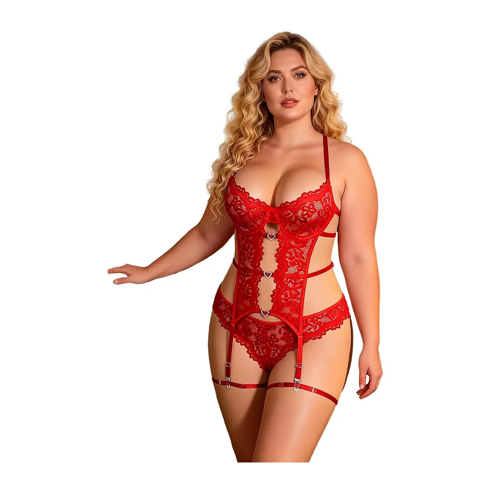 Comeondear Lingerie Ouverte Sexy Dentelle Body Dessous avec Armaturé — Rouge