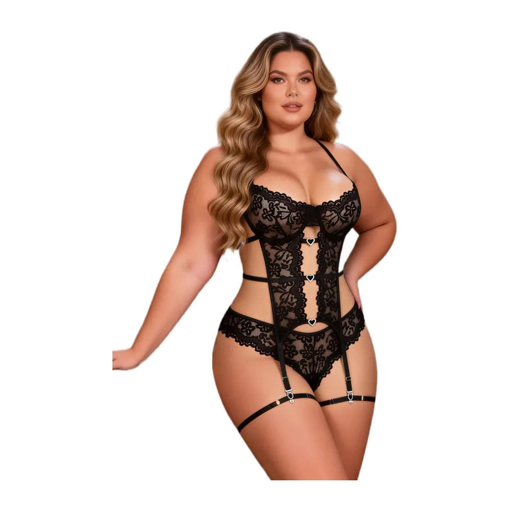 Comeondear Lingerie Ouverte Sexy Dentelle Body Dessous avec Armaturé — Noir