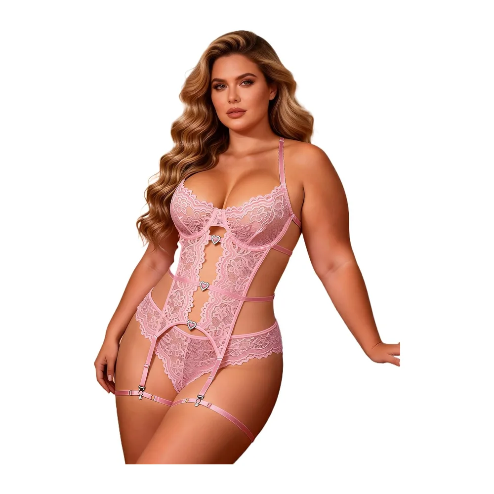 Comeondear Lingerie Ouverte Sexy Dentelle Body Dessous avec Armaturé — Rose