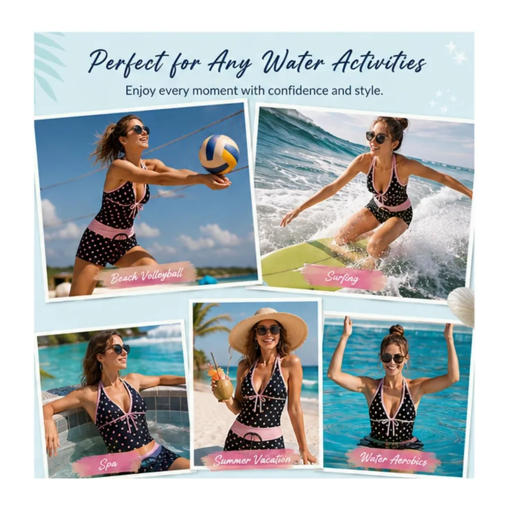 Piece Tankini Swimsuit Flat Tummy with Shorty Retro Y2K Printed Halter Neck Top — 1-rose